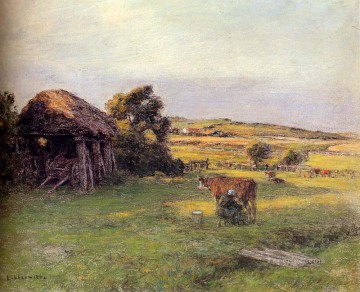 レオン・オーギュスティン・レルミット Painting - 牛の乳を搾る農民のいる風景 田園風景 農民 レオン・オーギュスティン・レルミット